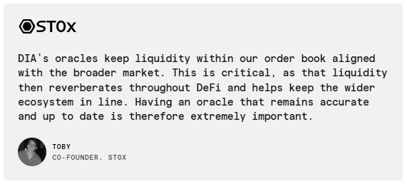 A promotional graphic for STOX featuring a quote from co-founder Toby about DIA's oracles keeping liquidity within order books aligned with the broader market and the DeFi ecosystem.