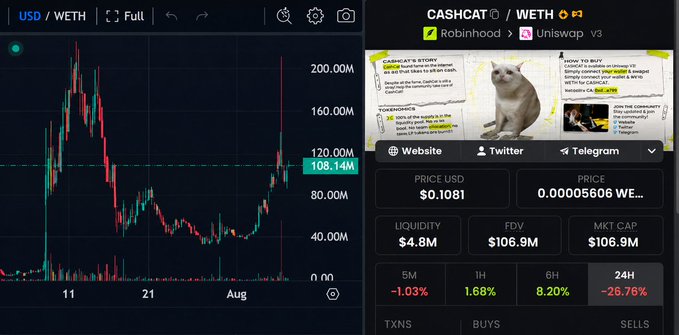 A trading interface displays the CASHCAT/WETH token chart on Uniswap V3, showing a price of $0.1081 with a -25.76% drop over 24H but recent recovery from lows around 40M-90M market cap, alongside a meme image of "CashCat" being listed on Robinhood, supporting the post's claim of insider accumulation before major exchange listings.