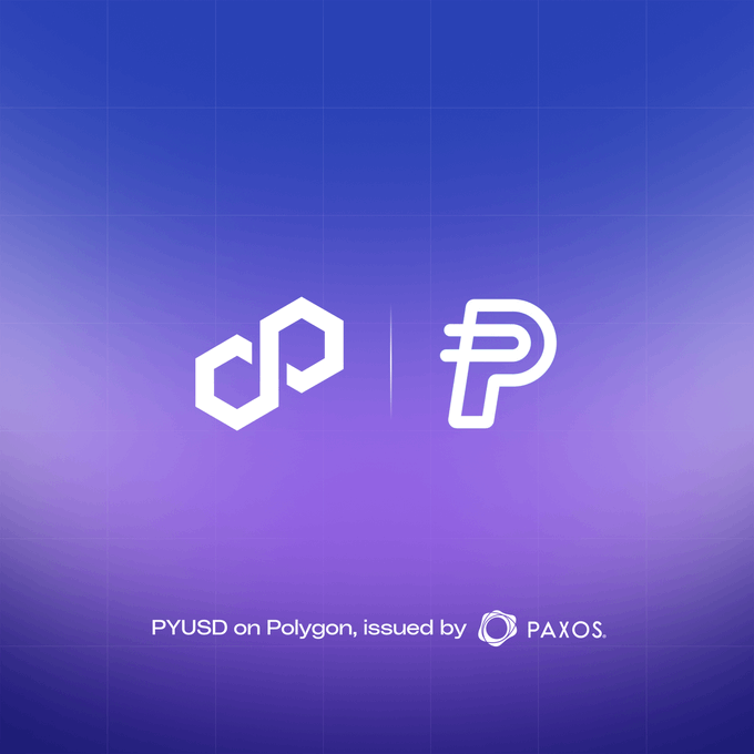 A graphic with a purple and blue gradient background displaying the Polygon and Paxos logos, with the text "PYUSD on Polygon, issued by PAXOS".