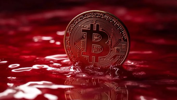 A close-up photograph of a physical Bitcoin coin partially submerged in red liquid, reflecting on the surface.