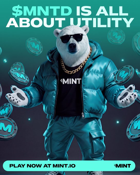 A white polar bear mascot wearing sunglasses, a gold chain, and a teal puffer jacket stands confidently amid floating teal coins marked with an "M," with bold text reading "$MNTD IS ALL ABOUT UTILITY" and a footer prompting "PLAY NOW AT MINT.IO," visually reinforcing the post's message about MintABear NFTs delivering ongoing utility through the PlayOnMint/MINT ecosystem.