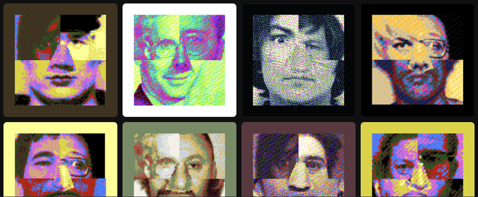A grid of eight pixelated, glitch-art style portraits of various people in different vibrant colors.