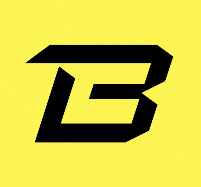 A bold, stylized black letter 'B' logo is displayed on a bright yellow background.