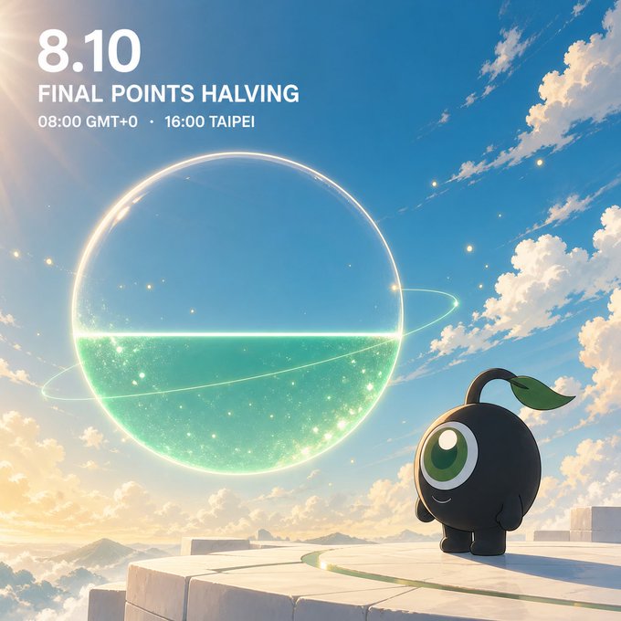 An illustration showing '8.10 FINAL POINTS HALVING' scheduled for '08:00 GMT+0 • 16:00 TAIPEI', featuring a small black character with a green eye standing before a glowing green sphere in a cloudy sky.