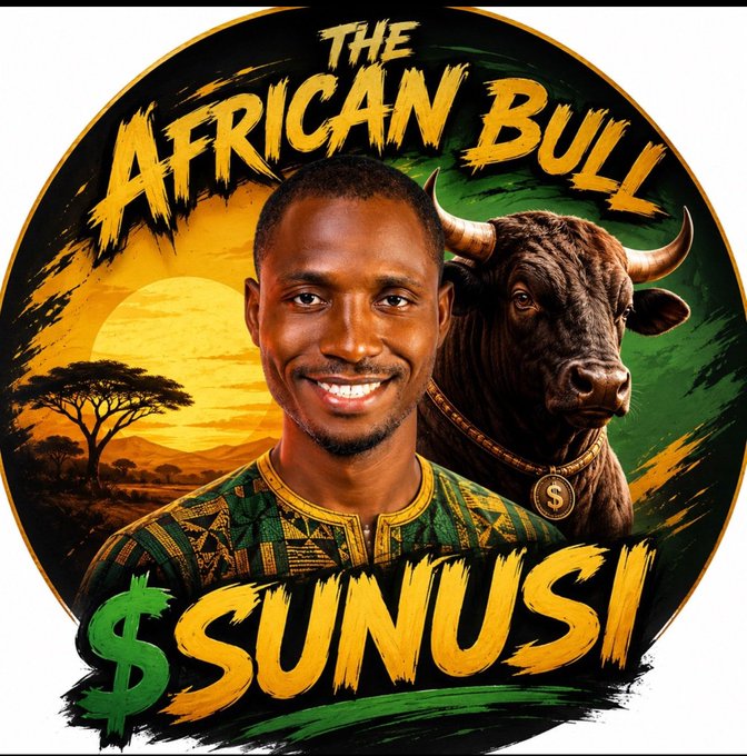 The image is a circular logo-style graphic featuring a smiling man in traditional African attire alongside a powerful bull, with a savanna sunset and acacia tree in the background. Bold yellow text reads "THE AFRICAN BULL" at the top and "$SUNUSI" at the bottom, directly promoting the token mentioned in the post as a "movement" being built with bullish momentum.