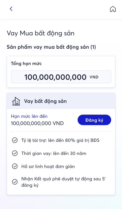 A Vietnamese mobile app interface displaying a real estate loan ('Vay Mua bất động sản') with a total limit of 100,000,000,000 VND, including a registration button and loan features like 80% financing and 30-year terms.