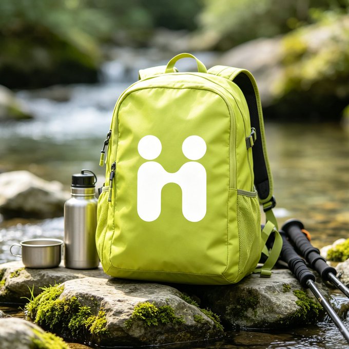 A bright green backpack featuring a white "H" logo rests on a moss-covered rock beside a flowing stream, accompanied by a metal water bottle, cup, and trekking poles—evoking a peaceful outdoor adventure. The image perfectly complements the caption's theme of escape, while the prominent "H" reinforces the #Hibt and #GM hashtags.