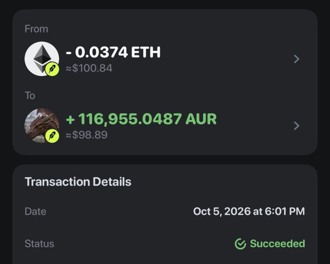 A dark-themed screenshot showing a successful cryptocurrency transaction dated October 5, 2026, converting 0.0374 ETH (~$100.84) into 116,955.0487 AUR (~$98.89).