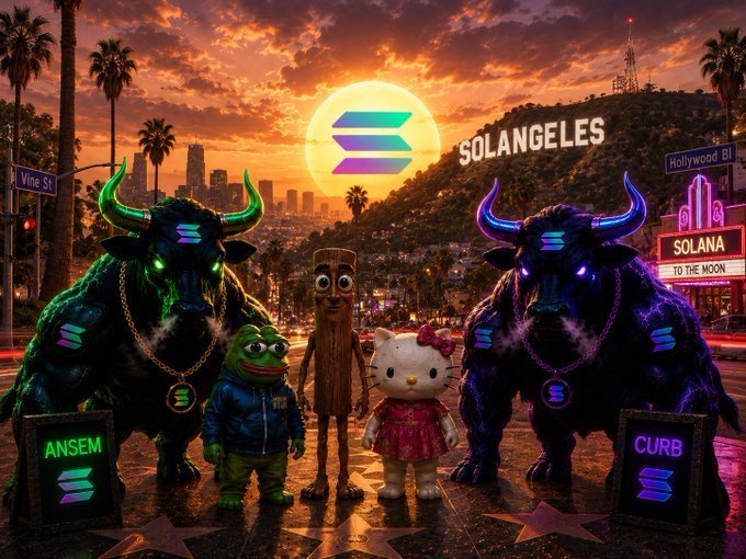A vibrant crypto-themed illustration featuring neon bulls labeled 'ANSEM' and 'CURB', a Pepe frog, a wooden figure, Hello Kitty, and Solana logos in a Los Angeles sunset setting.