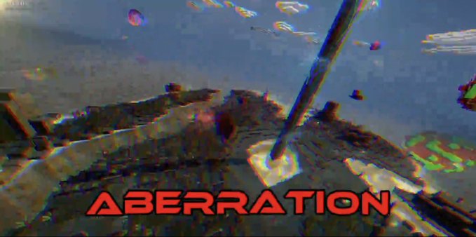 A distorted, glitchy image showing an outdoor landscape with a pole, overlaid with the red text 'ABERRATION' at the bottom.