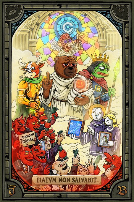 A satirical stained-glass-style illustration depicts a central bear in robes holding a glowing tablet, flanked by a bull with a Bitcoin "₿" tattoo, a crowned Pepe frog with a spear, and an angel above—all overlooking a hoard of red devils in flames offering "JP MORGAN FOREVER" cash below, with the Latin inscription "FIATVM NON SALVABIT" (Fiat will not save) on a banner. The image satirizes traditional finance (labeled "FORVER") as doomed hellfire, positioning crypto mascots like Bitcoin Pepe and the bear oracle as salvation, mirroring the post's "DM+T = Memetic" message that $BAYLA represents an original, battle-tested sustainable alternative.