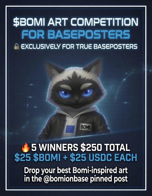 A promotional graphic for the $BOMI Art Competition featuring a black and white cat mascot wearing a hoodie, announcing 5 winners sharing $250 total ($25 $BOMI + $25 USDC each) with entries submitted via the @bomionbase pinned post. The image reinforces the post's message about the Book of Miggles community takeover on Base and highlights the cat meme theme with "real pawsibility."