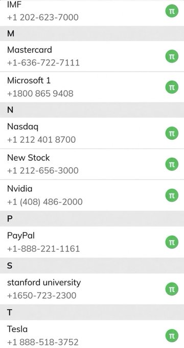 A contacts list screenshot showing phone numbers for IMF, Mastercard, Microsoft, Nasdaq, PayPal, Stanford University, and Tesla.