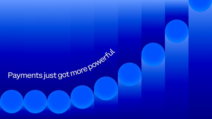 A blue promotional graphic displays the text 'Payments just got more powerful' alongside a rising pattern of blue circles.