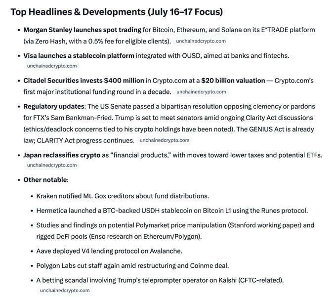 A crypto industry news roundup from July 16-17 highlighting Morgan Stanley's E*TRADE launch of spot trading for Bitcoin, Ethereum, and Solana, Visa's stablecoin platform, and Citadel Securities' $400M investment in Crypto.com at a $20B valuation, alongside regulatory updates including the Senate's bipartisan resolution against FTX's SBF pardons, Japan's reclassification of crypto, and Japan/Senate developments.