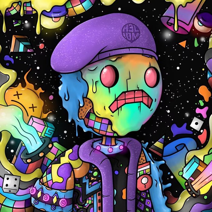 A colorful psychedelic digital art piece featuring a green zombie-like character wearing a purple beret, surrounded by vibrant abstract shapes and dice on a starry background.