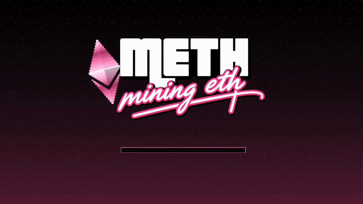 The image features a banner with the text "Meth mining eth" written in pink cursive font, which appears to be related to the Bitcoin cryptocurrency. The background of the image is black, providing contrast for the white text. The overall layout suggests that this information might be about a new machine or device that has just turned on and started mining Ethereum.