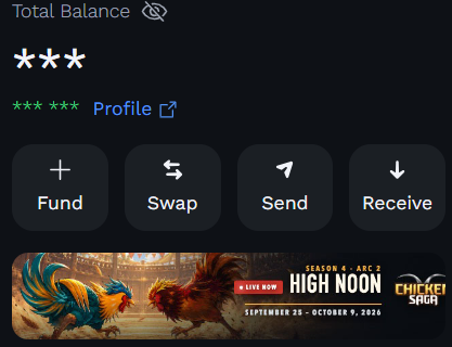 A cryptocurrency wallet interface showing "Total Balance" with masked asterisks, buttons for Fund, Swap, Send, and Receive, and a promotional banner for "HIGH NOON" with roosters.