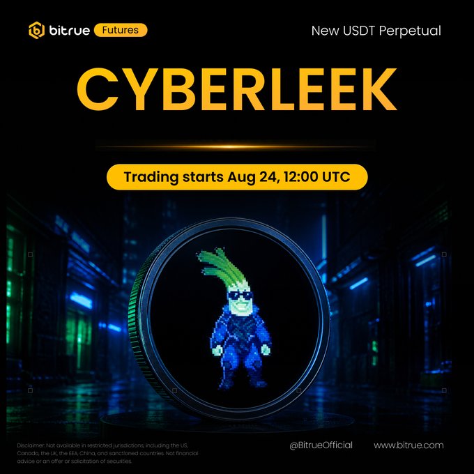 A Bitrue Futures promotional graphic announces the new USDT Perpetual contract for $CYBERLEEK, with trading starting August 24 at 12:00 UTC, featuring a pixelated leek character wearing sunglasses against a neon-lit cyberpunk background. The futuristic design complements the meme coin's viral association with the GTA 6 leak controversy mentioned in the post.