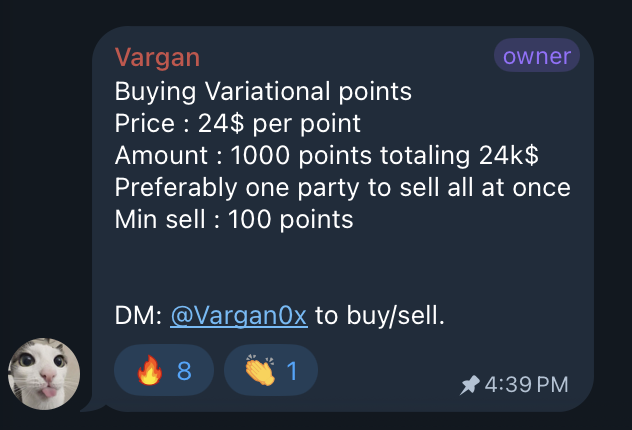 A Discord screenshot from user Vargan (owner) offering to buy 1,000 Variational points at $24 per point, totaling $24k, with instructions to DM @Vargan0x.