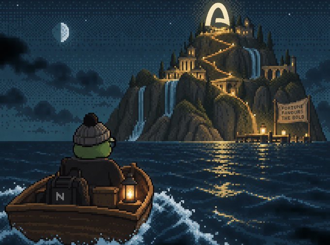 Pixel art depicting a character in a small boat approaching a mountain island topped with a glowing 'A' symbol, with a banner reading 'FORTUNE FAVOURS THE BOLD.'