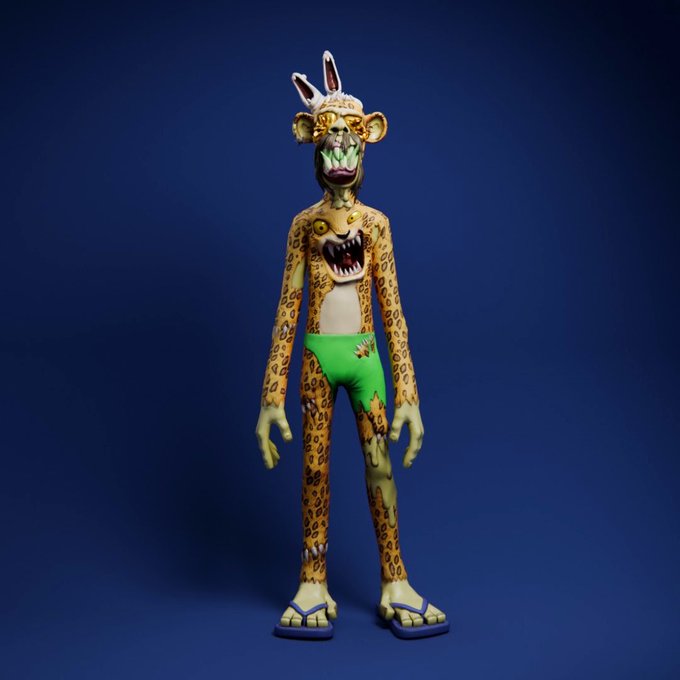 3D rendered anthropomorphic figure with a leopard print body, menacing face, bunny ears, green briefs, and flip-flop sandals against a dark blue background.