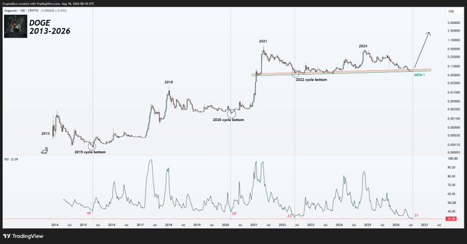 A TradingView weekly chart of DOGE/USDT from 2013–2026 showing cyclical bottoms in 2015, 2020, and 2022, with the RSI near historical lows at 21, visually reinforcing the post's claim that DOGE hasn't been this beaten down in its 13-year history—potentially marking a generational buying opportunity.
