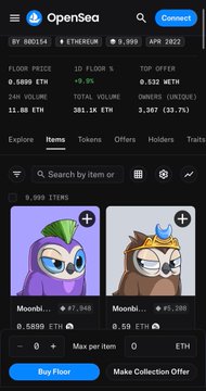 The image shows the OpenSea listing page for the Moonbirds collection, displaying a floor price of 0.5899 ETH with two NFT items available for purchase, aligning with the post's mention of the floor price pumping from 0.48 to 0.59 ETH.