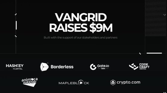 A promotional graphic announcing 'VANGRID RAISES $9M' built with support from stakeholders and partners, featuring logos for HashKey Capital, Borderless, Gate.io Labs, Code Craft Capital, Animoca Brands, Mapleblock, and Crypto.com.