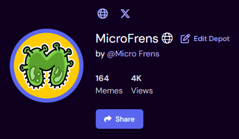 A profile card for 'MicroFrens' (@MicroFrens) showing 164 memes and 4K views with a green bug-like logo on a yellow background.