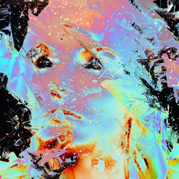 An abstract, colorful digital artwork with iridescent hues and textured patterns.