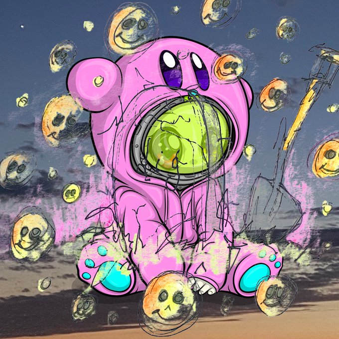 A pink cartoon bear with a glass dome containing a green liquid sits on a beach, surrounded by floating smiley face bubbles against a sunset sky, with a shovel visible in the background.