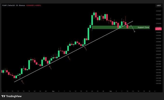 A TradingView daily candlestick chart for PUMP/TetherUS on Binance, showing an uptrend with a drawn trendline and a green 'Support Zone' labeled at a recent dip.