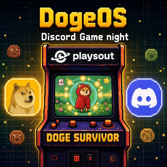 A vibrant pixel-art arcade machine featuring "Doge Survivor" with a Doge character in a red hoodie on its screen, flanked by a Doge icon and a Discord logo, advertises an upcoming "DogeOS Discord Game night" powered by @itplaysout with Doge prizes for participants.