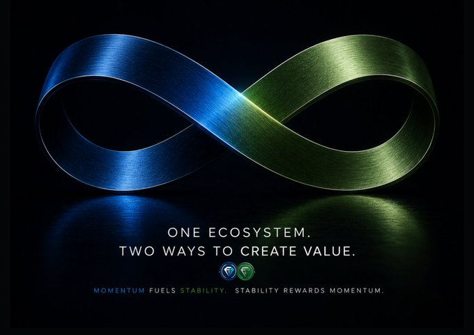Marketing image displaying a glowing blue and green infinity symbol above the text 'ONE ECOSYSTEM. TWO WAYS TO CREATE VALUE.' and 'MOMENTUM FUELS STABILITY. STABILITY REWARDS MOMENTUM.'
