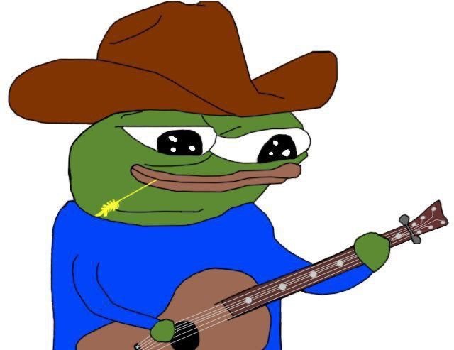 A cartoon Pepe the Frog character wearing a brown cowboy hat and blue shirt, playing a guitar with a piece of hay in its mouth.