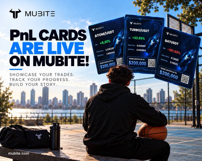 A trader sits on an outdoor basketball court overlooking a city skyline, with three MUBITE PnL Cards floating above his head displaying trading stats for ATOM/USDT (+8.91%), TURBO/USDT (+32.69%), and BATUSDT (-101.53%), each with a $200,000 trade credential. The promotional image, headlined "PnL Cards Are Live on Mubite!" with the tagline "Showcase your trades, track your progress, build your story," directly visualizes the platform's new feature that lets traders share and celebrate their trading results.