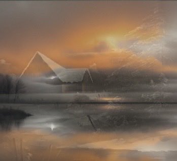 A dreamy, atmospheric landscape painting depicts a wooden cabin beside a calm body of water under a sunset sky, with reflections shimmering on the water's surface and a misty, textured overlay giving the scene an ethereal quality.