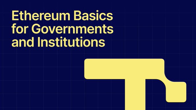 The image displays a bold graphic with the text "Ethereum Basics for Governments and Institutions" against a dark navy blue grid background, accompanied by a stylized yellow shape resembling the Ethereum logo. This visual serves as the title card for the Global Policy Strategy (GPS) team's non-technical primer aimed at educating policy and deployment decision-makers about Ethereum's functionality, governance, and comparisons.