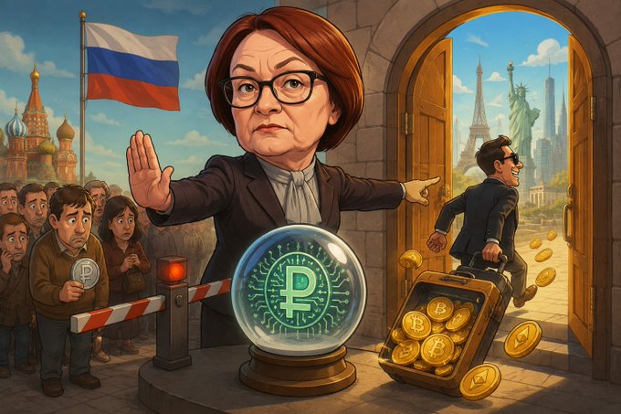 The image is a cartoon depicting Elvira Nabiullina, head of the Russian Central Bank, standing before a crowd of ordinary Russians behind a barrier, with a Russian flag and St. Basil's Cathedral behind her, while she gestures toward an open gateway leading to the West (Eiffel Tower, Statue of Liberty visible) where a smiling man runs off with a briefcase spilling gold coins and a glowing ruble symbol. The accompanying post references her comments defending a $3,800 purchase limit on cryptocurrency, satirizing the "protecting retail investors" justification as transparent while elites still find ways to move wealth abroad.