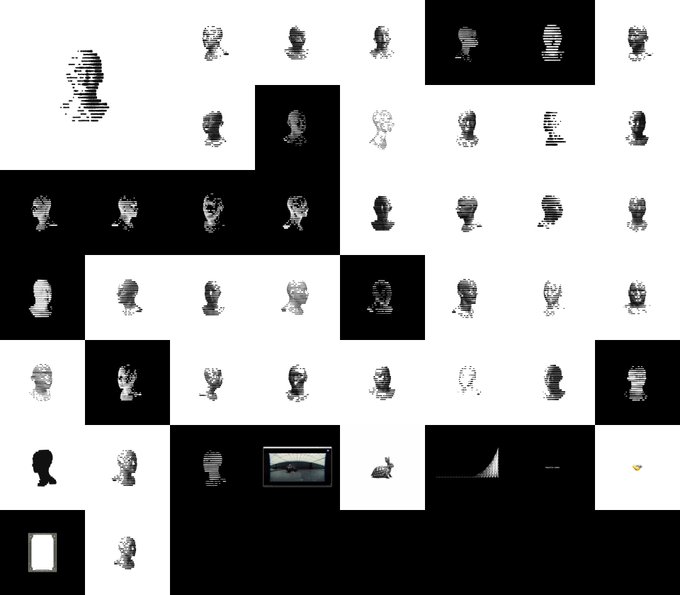 A grid of black and white thumbnail images displaying various stylized portraits, faces, and abstract patterns in a pixelated or striped visual style.