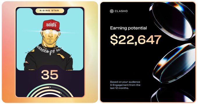 Clasho app showing a 'RISING STAR' NFT-style trading card with a character wearing a red 'STONKS' cap and score of 35, alongside an 'Earning potential' of $22,647 based on 1% engagement.