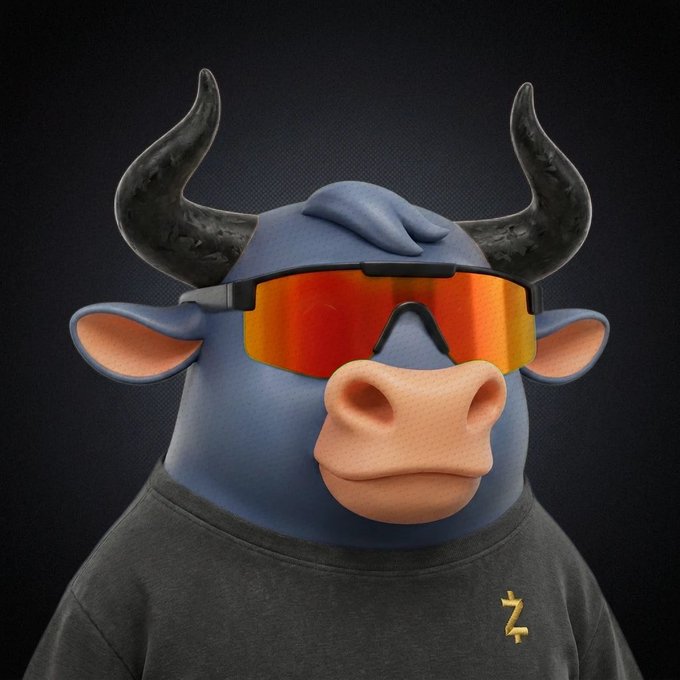 A 3D-rendered character of a blue bull wearing orange-tinted sunglasses and a black shirt with a yellow Z logo.