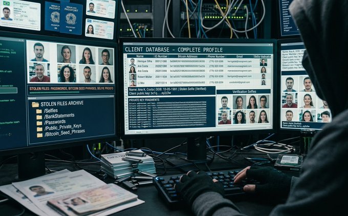 A hooded figure works at a computer terminal displaying multiple monitors with what appears to be a "CLIENT DATABASE - COMPLETE PROFILE" and "STOLEN FILES ARCHIVE," alongside fake passports and ID cards.