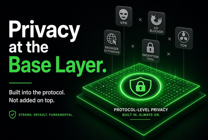 A promotional graphic reading 'Privacy at the Base Layer' with 'PROTOCOL-LEVEL PRIVACY BUILT IN. ALWAYS ON.' showing icons for VPN, Ad Blocker, Tor, Browser Extension, and Encryption Tool.