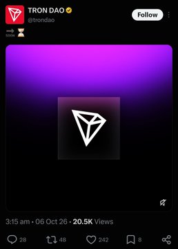A tweet from TRON DAO (@trondao) featuring a purple and black gradient image of the TRON logo, posted on October 06 with 20.5K views.