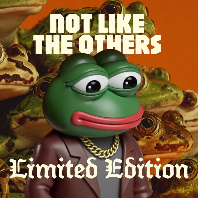 A meme featuring a green Pepe the Frog character wearing a gold chain and a red jacket against a background of real frogs, overlaid with the text 'NOT LIKE THE OTHERS' and 'Limited Edition'.
