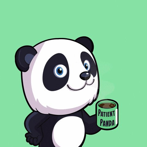The image features a cartoon panda holding a cup of coffee, with the text "Patient Panda" written on it. The panda appears to be smiling while holding the cup, giving off a cheerful vibe. The caption below the image provides additional information about the creator and their social media handles.