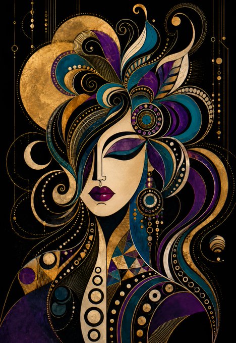 A stylized decorative artwork of a woman with elaborate flowing hair in gold, teal, and purple tones, featuring intricate Art Nouveau-inspired swirls and ornamental details on a black background.