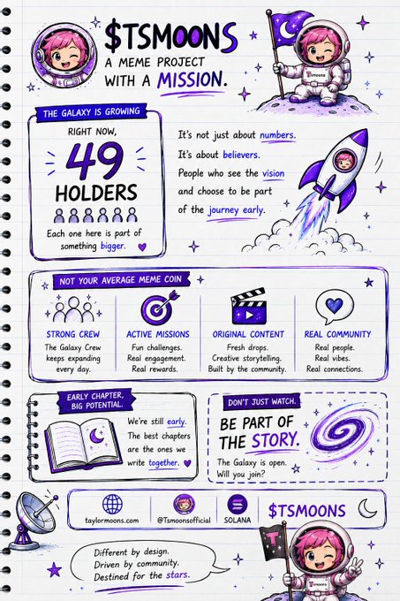 A purple-themed infographic for '$TSMOONS' describing it as 'A MEME PROJECT WITH A MISSION', noting '49 HOLDERS', and featuring cartoon astronaut illustrations and sections about the 'GALAXY CREW'.